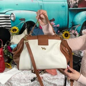Brown and White Leather Handbag